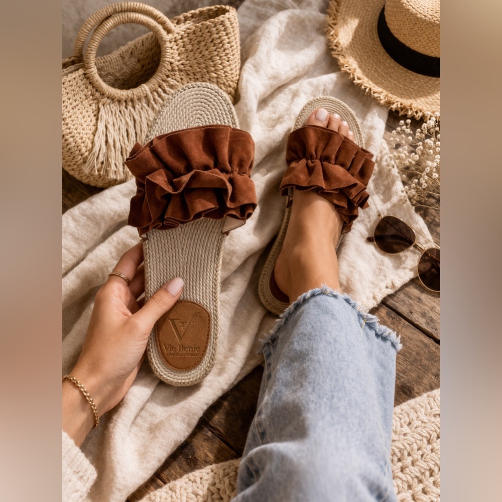 Vie Benie Ruffle Slide Sandals Size 42 (US 10-10.5) Boho Espadrille Brown Summer